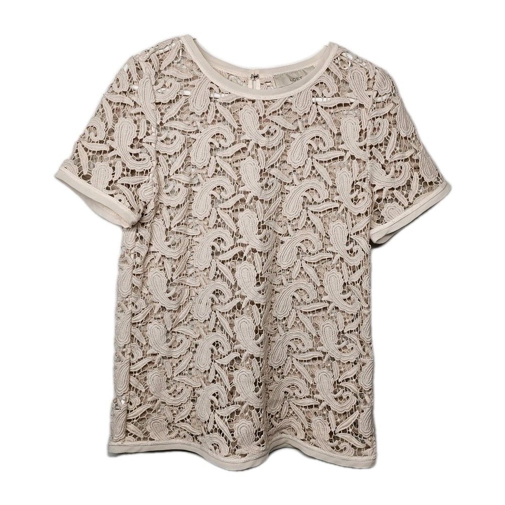 LOFT Womens Medium Paisley Crochet Lace Sheer‎ Boxy Short Sleeve Blouse Top  EUC